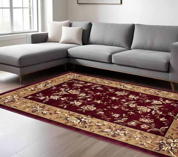 HomeRoots 10' Traditional Red and Beige Floral Vines Area Rug for Living Rooms - Durable, Elegant Design 10" x 13" 350473