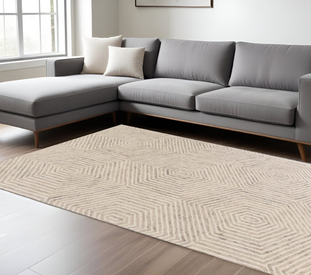 HomeRoots 9' Sand Beige Wool Geometric Hand-Tufted Area Rug for Modern Elegance in Living Spaces & Bedrooms 9' X 12' 350502