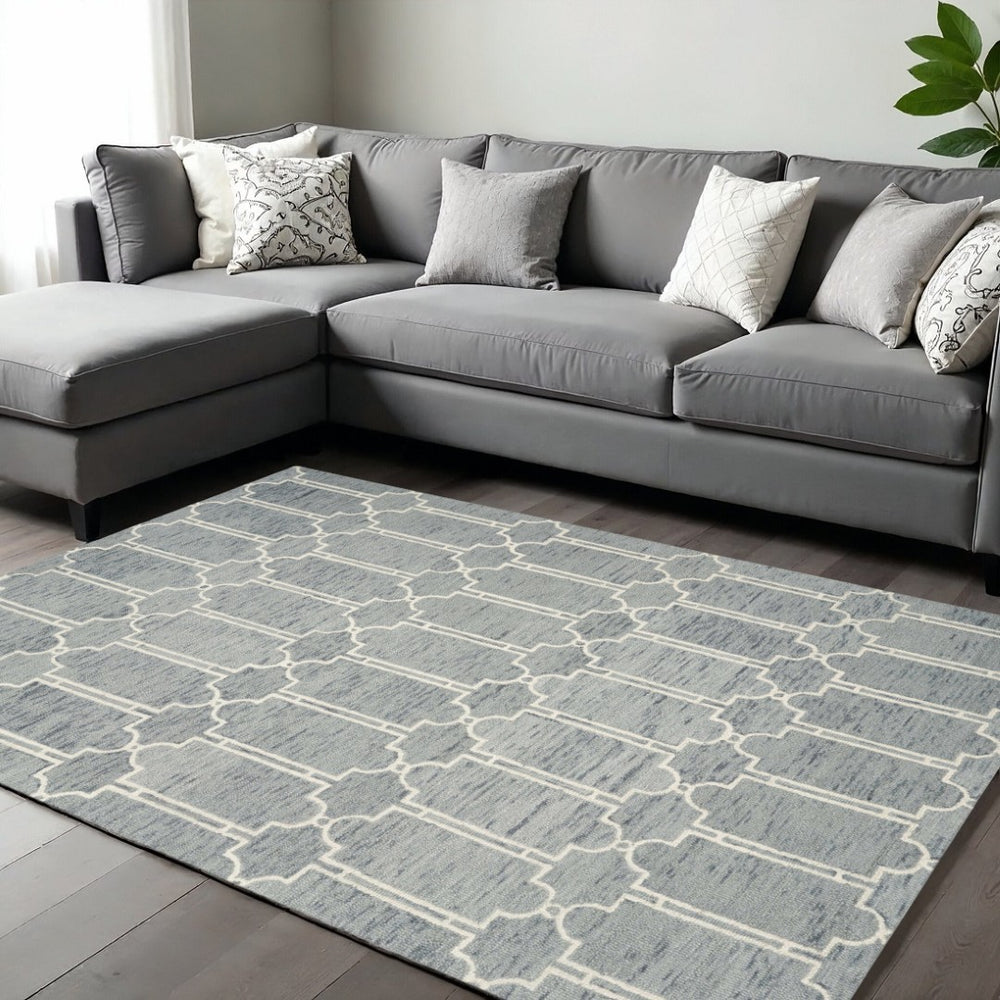 HomeRoots 9' Hand-Tufted Wool Area Rug in Slate Blue and Ivory - Modern Geometric Design for Cozy Spaces 9' X 12' 350505