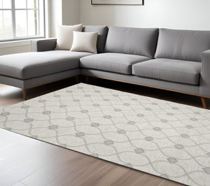 HomeRoots 9' Luxurious Ivory and Gray Wool Ogee Hand-Tufted Area Rug for Elegant Contemporary Spaces 9' X 12' 350508