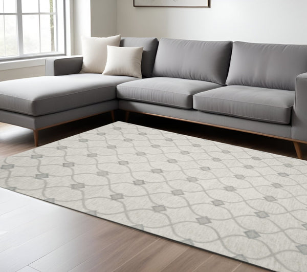 HomeRoots 9' Luxurious Ivory and Gray Wool Ogee Hand-Tufted Area Rug for Elegant Contemporary Spaces 9' X 12' 350508