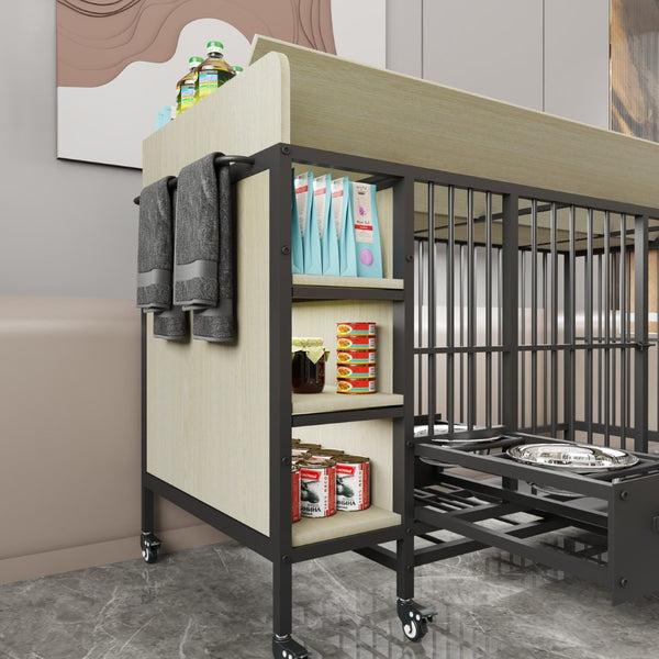 English Elm Large Iron Mdf Pet Enclosure with Storage Cabinet Rolling Casters and Steel Feeding Basins W3064P245384