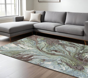 HomeRoots 9' Contemporary Abstract Area Rug in Green and Brown - Durable, Stylish, and Low-Maintenance Design 9' X 13' 350517