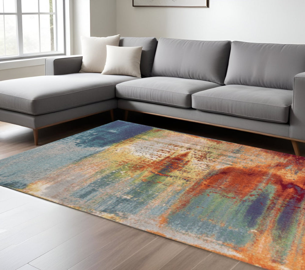 HomeRoots 10' Bold Blue, Rust, and Orange Abstract Area Rug - Durable, Modern Design for Living Spaces 10' X 13' 350518
