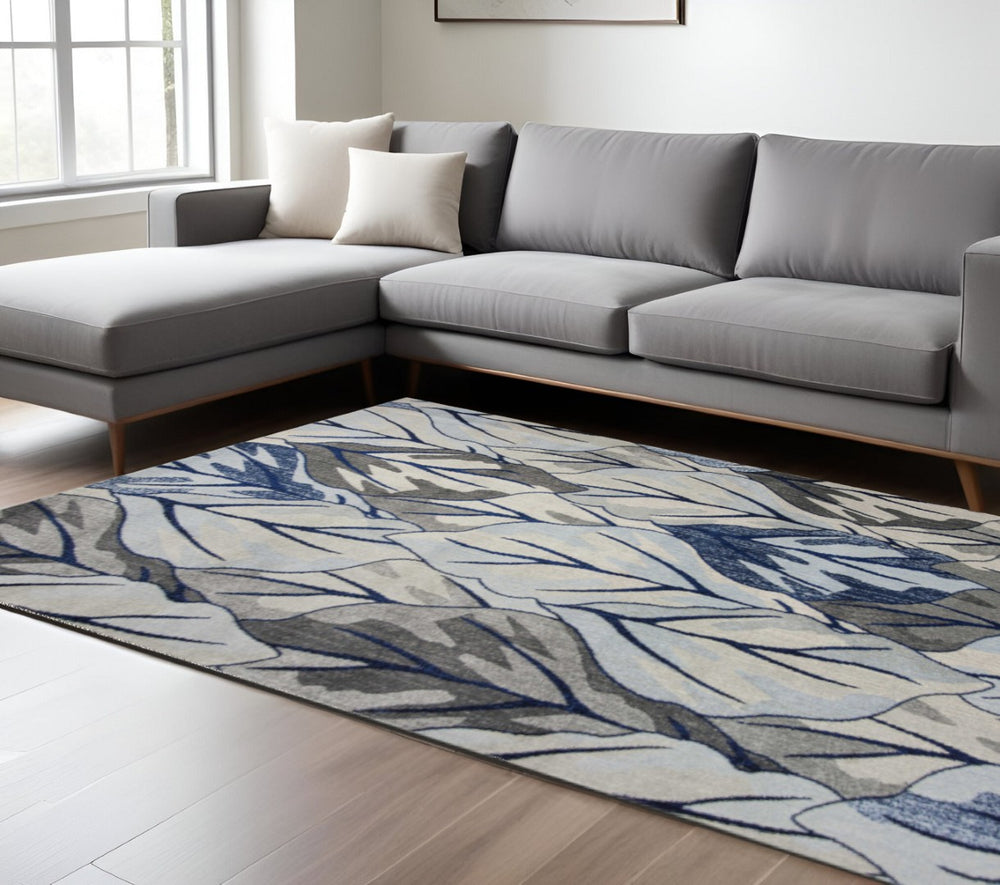 HomeRoots 10' Gray and Navy Blue Botanical Leaves Area Rug - Stylish, Durable Design for Modern Living Spaces 10' X 13' 350527