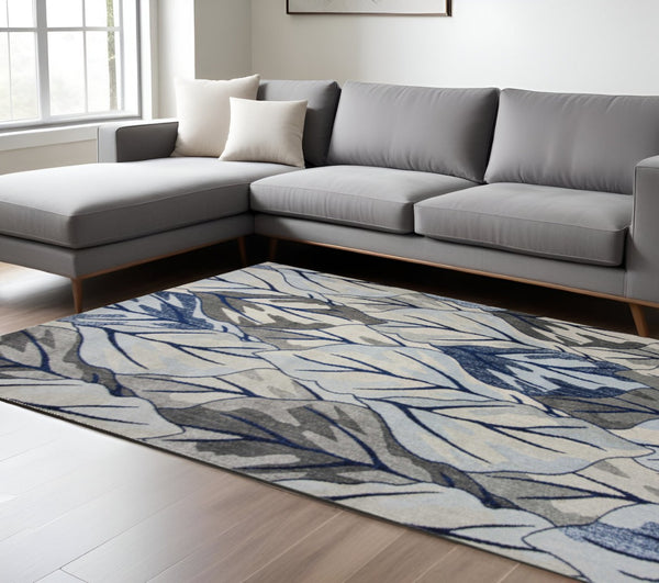 HomeRoots 10' Gray and Navy Blue Botanical Leaves Area Rug - Stylish, Durable Design for Modern Living Spaces 10' X 13' 350527