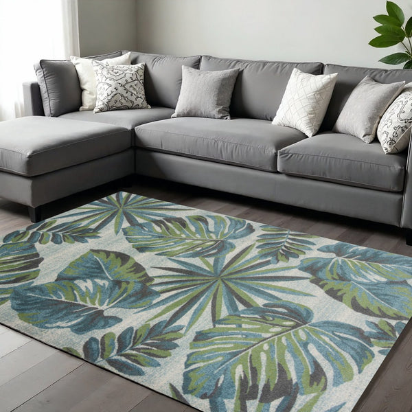HomeRoots 9' Tropical Botanical Area Rug in Beige, Teal & Green - Durable, Stylish & Easy to Clean for Any Space 9' X 13' 350528