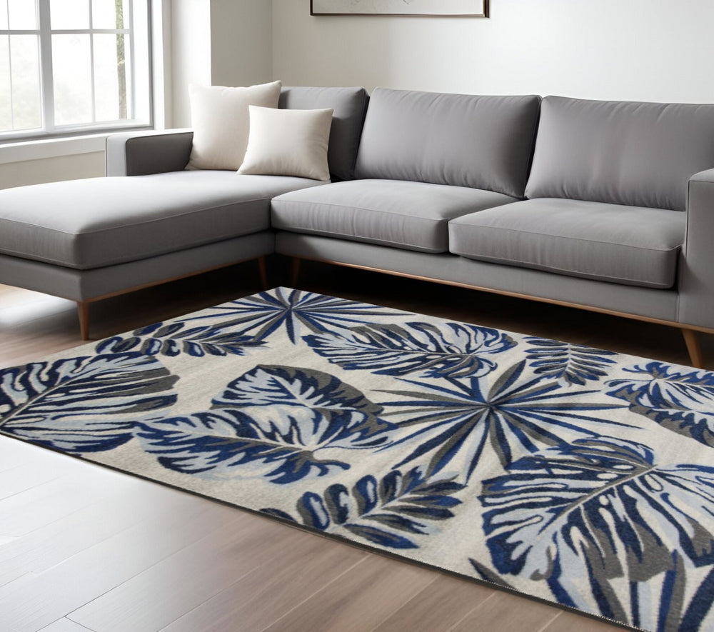 HomeRoots 10' Botanical Leaves Area Rug in Gray and Blue - Durable, Stylish, and Easy to Clean for Homes 10' X 13' 350529