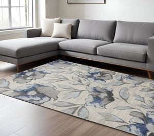 HomeRoots 9' Elegant Floral Vines Area Rug in Ivory, Blue & Gray - Durable, Stain-Resistant for Homes 9' X 13' 350532