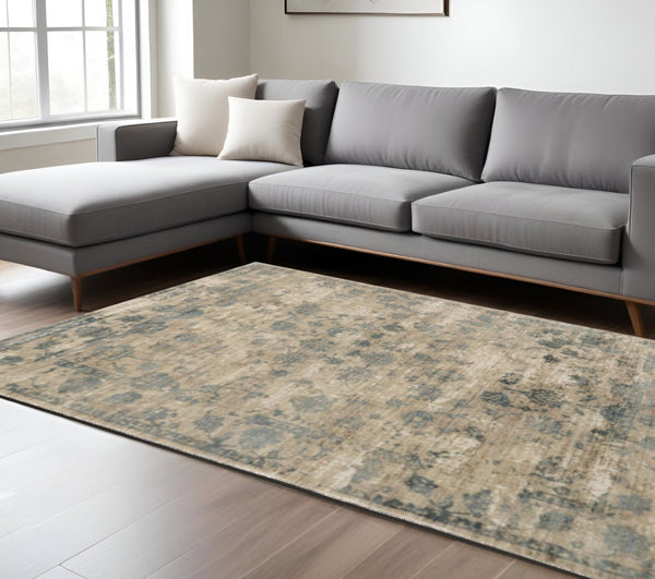 HomeRoots 5' Hand Loomed Beige and Blue Floral Medallion Area Rug – Artisanal Charm for Your Living Space 9' X 12' 350592