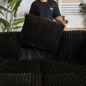 English Elm 84Inch Corduroy sofa with deep seats, 3 back pillows, 2 toss pillows, ottomans, cup grooves, storage Black W834S00356