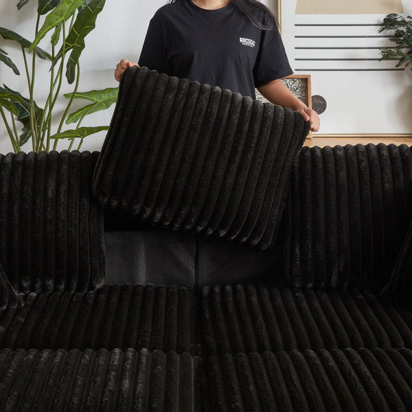 English Elm 84Inch Corduroy sofa with deep seats, 3 back pillows, 2 toss pillows, ottomans, cup grooves, storage Black W834S00356