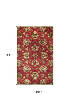 Homeroots 9' X 13' Red And Ivory Wool Floral Handmade Area Rug  Wool 350604