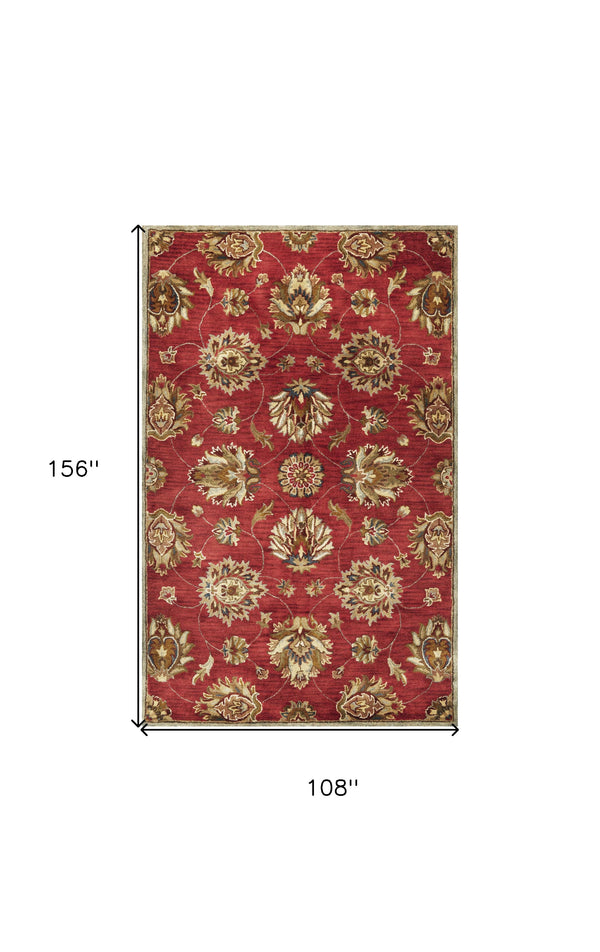 Homeroots 9' X 13' Red And Ivory Wool Floral Handmade Area Rug  Wool 350604