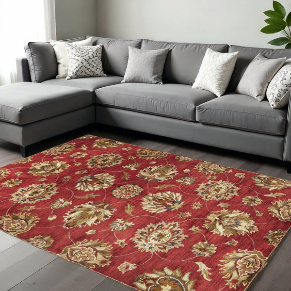 HomeRoots 8' Hand-Tufted Wool Area Rug in Rich Red, Ivory & Brown - Elegant Floral Design for Any Space 9' X 13' 350604
