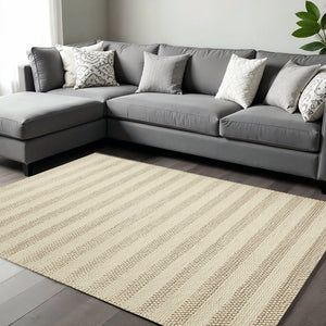 HomeRoots 9' Hand-Woven Ivory and White Wool Striped Area Rug for Elegant, Cozy Home Décor Solutions 9' X 13' 350615