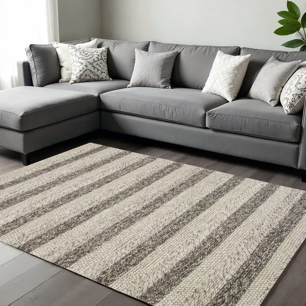 HomeRoots 9' Hand-Woven Wool Area Rug in Brown, Gray, and Ivory - Timeless Striped Design for Modern Spaces 9' X 13' 350617