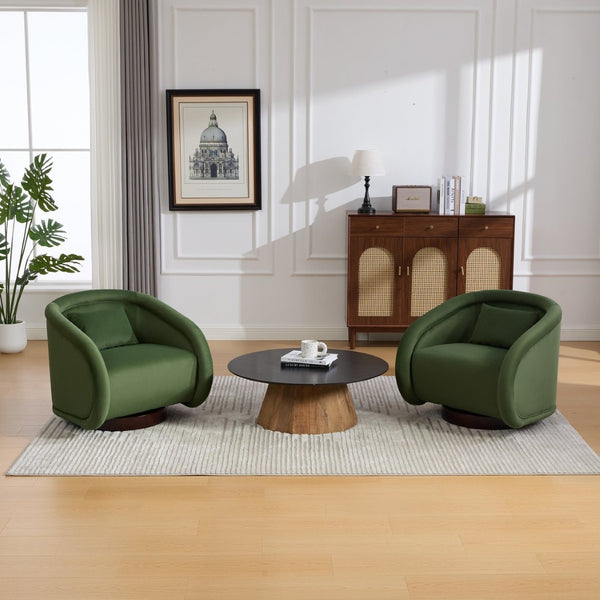 English Elm Swivel Barrel Chair Pumpkin Sculptural Velvet Upholstered with Walnut Wood Round Base Green W3244P427740