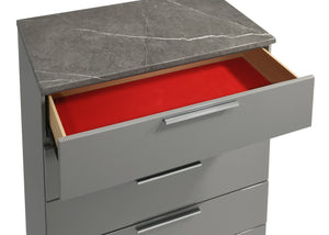 English Elm Elara Two-Tone High-Gloss Marble & Lacquer Chest with 5 Spacious Drawers, Velvet Lined Top, Metal Legs G150108689