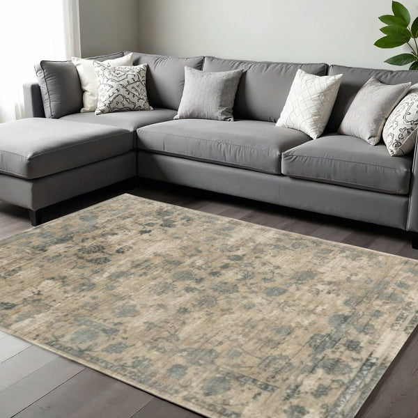 HomeRoots 5' Hand Loomed Beige and Blue Floral Medallion Area Rug – Artisanal Charm for Your Living Space 9' X 13' 350643