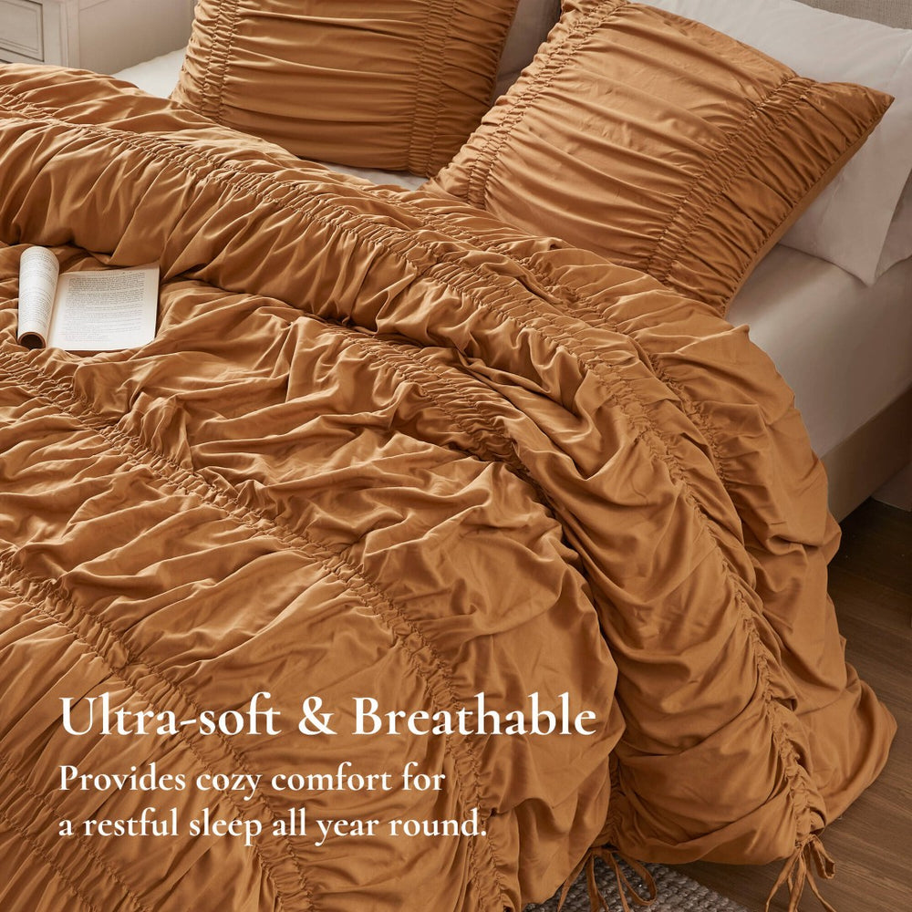 English Elm 2pcs Shabby Chic Ruched Comforter Set Bow Trim Brushed Polyester Fill Romantic Bedroom Brown B035P341088