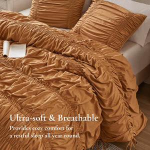 English Elm 2pcs Shabby Chic Ruched Comforter Set Bow Trim Brushed Polyester Fill Romantic Bedroom Brown B035P341088