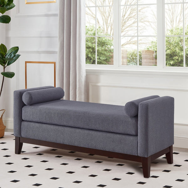 English Elm Large Boucle Upholstered Window Bench with Armrests and Throw Pillows for Entryway Dark Gray W2186P454320