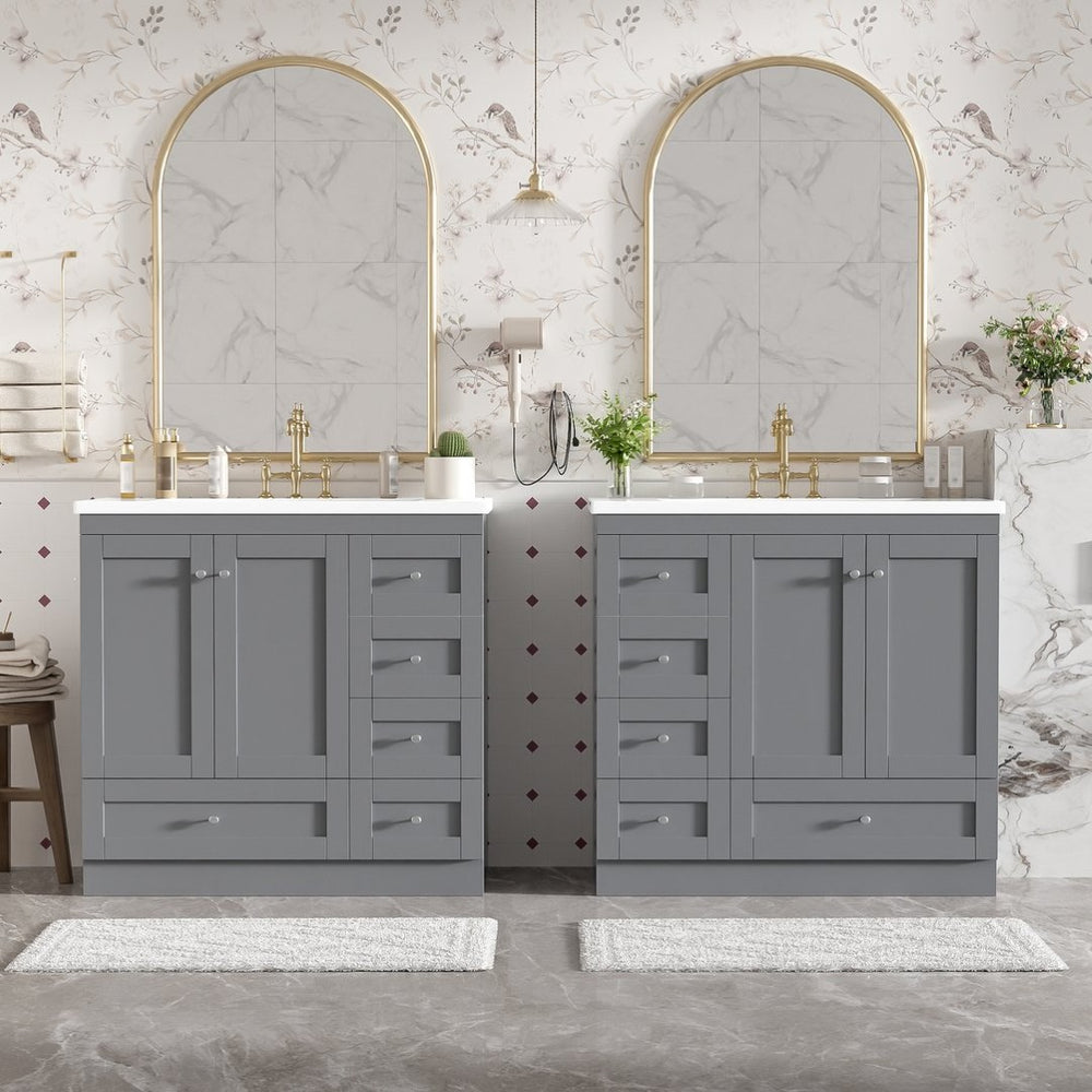 English Elm 72-inch Shaker Double Bathroom Vanity Gray Mdf with Resin Basins and Soft Close Storage N729P000029E