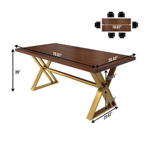 English Elm 70.8 Inch Walnut Top Dining Table with Brushed Gold Steel Base Seats Six T3609S00001
