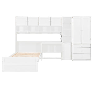 English Elm Wooden Twin Loft Bed with Built-in Desk Wardrobe Storage Drawers and Led Lighting N820S00069K