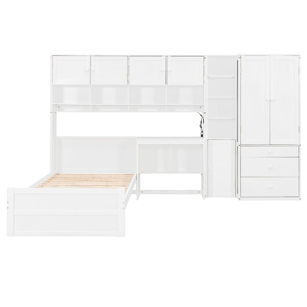 English Elm Wooden Twin Loft Bed with Built-in Desk Wardrobe Storage Drawers and Led Lighting N820S00069K