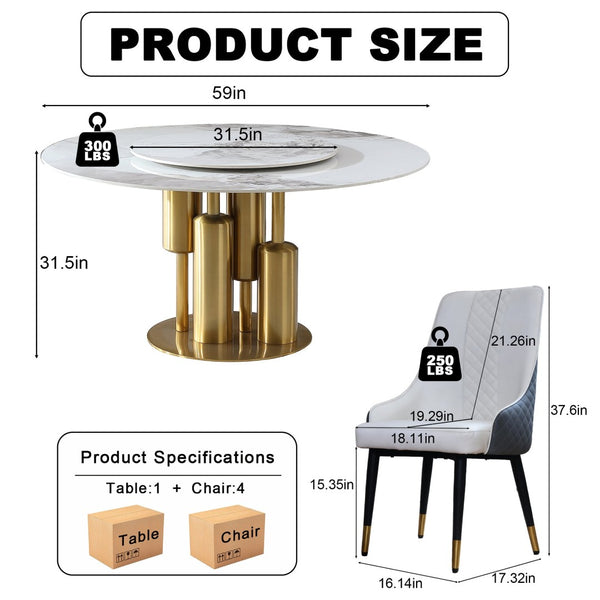 English Elm 59" Round Sintered Stone Dining Table with Lazy Susan Minimalist Base Seats 8 W2699S00097