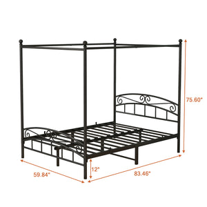 English Elm Queen Metal Canopy Bed Frame with Headboard & Footboard, Black Steel, 500lb Capacity, 12.4" Storage W84034157