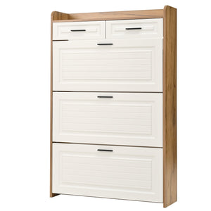 English Elm Two drawer three-fold shoe cabinet with ample vertical shelving, smooth finish, compact entryway storage White+Walnut W3871P368979