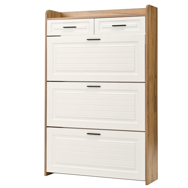 English Elm Two drawer three-fold shoe cabinet with ample vertical shelving, smooth finish, compact entryway storage White+Walnut W3871P368979