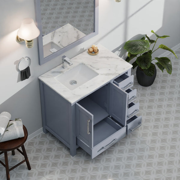 English Elm Dark Grey Bath Vanity Set With Carrara Marble Top, Chrome Faucet & Coordinated 34" Mirror Included B2731S01260