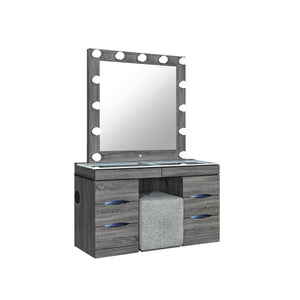 English Elm Lorena Grey Vanity with Lighted Mirror and Stool – Solid Wood MDF, 6 Drawers, Glass Top, Sturdy B201S00443