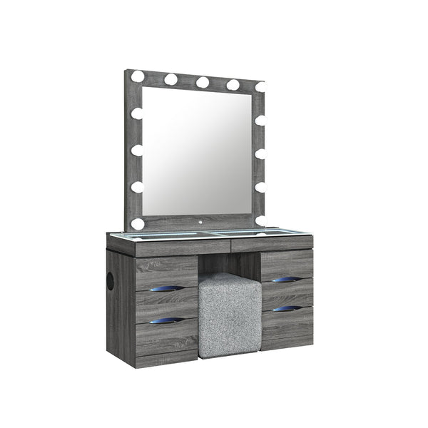 English Elm Lorena Grey Vanity with Lighted Mirror and Stool – Solid Wood MDF, 6 Drawers, Glass Top, Sturdy B201S00443