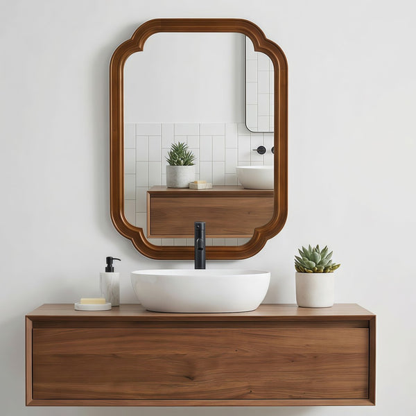 English Elm Black Walnut Solid Wood Frame Mirror with Rounded Corners for Bedroom or Entryway W2203P455260