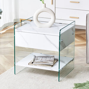 English Elm Bedside Table With Drawers. The Board Surface Is Mdf Sticker, and Both Sides Are Transparent Tempered Glass. The Design Is Simple and Elegant, With Excellent Storage Functions.