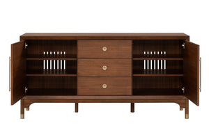 English Elm 1pc Mid-century Walnut Veneer Dining Server with Gold Legs and Bar Pull Hardware B2741P446683