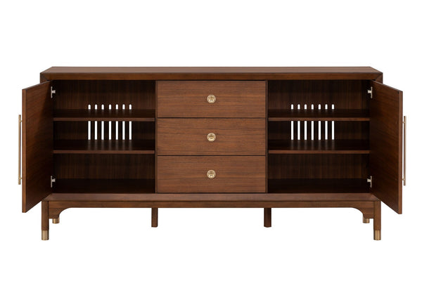 English Elm 1pc Mid-century Walnut Veneer Dining Server with Gold Legs and Bar Pull Hardware B2741P446683