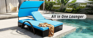 English Elm U_style Outdoor Double Sun Lounger Hdpe Wicker Steel Frame with Canopy Pop up Tables Blue WY000485AAC