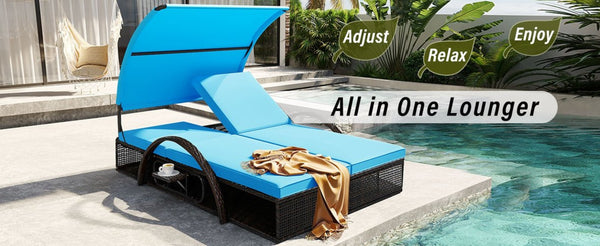 English Elm U_style Outdoor Double Sun Lounger Hdpe Wicker Steel Frame with Canopy Pop up Tables Blue WY000485AAC
