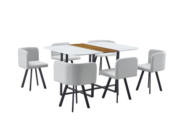 English Elm 7-piece Melamine Dining Set with Pu Cushioned Chairs and Iron Frame for Small Spaces W3875S00023