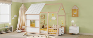 English Elm Twin House Frame Floor Bed Pinewood Build with Led Roofline Kids Bedroom Cream,White W697P435884