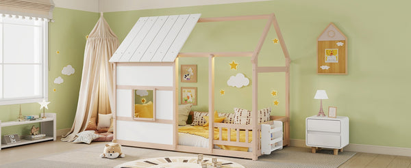 English Elm Twin House Frame Floor Bed Pinewood Build with Led Roofline Kids Bedroom Cream,White W697P435884