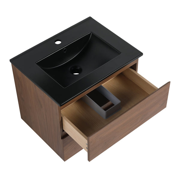 English Elm 24" Wall-Mounted Bathroom Vanity With Black Ceramic Sink & 2 Soft-Close Drawers For Stylish Storage W999S00193