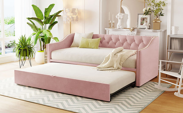 English Elm Twin Upholstered Daybed with Pop-Up Trundle, Space-Saving Guest Bed with Slats, Hydraulic Wheels, 81.9" L Pink SF000133AAH