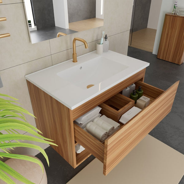 English Elm 30 Inch Floating Bathroom Vanity Fluted Wood Grain Front with Ceramic Integrated Sink W3520S00042
